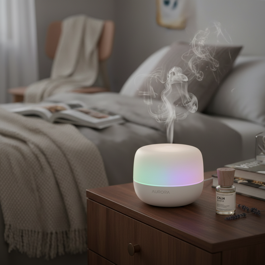 White aroma diffuser with LED lights on bedside table