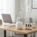 Aroma diffuser releasing mist in home office