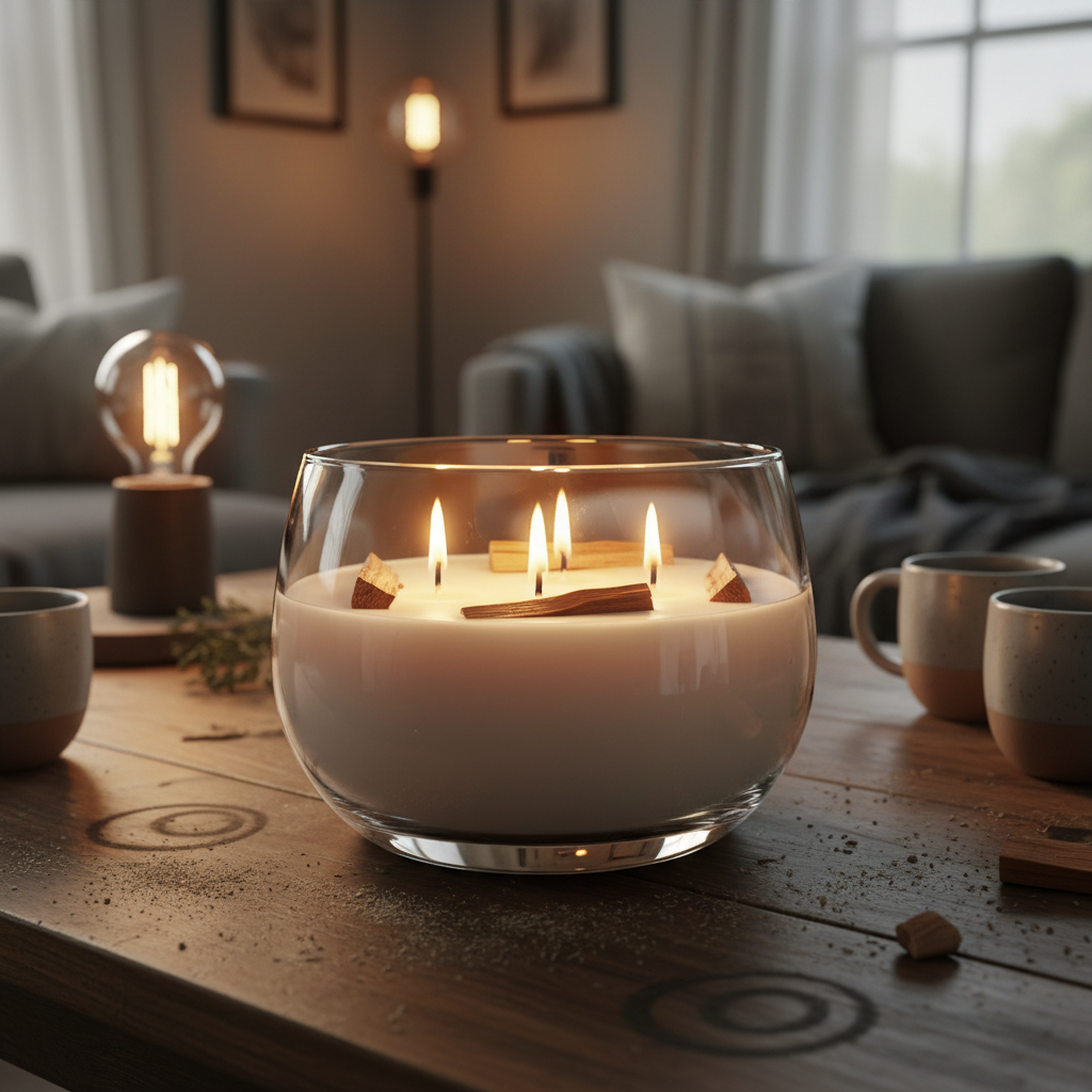 Palo Santo 3-wick candle burning on wooden table