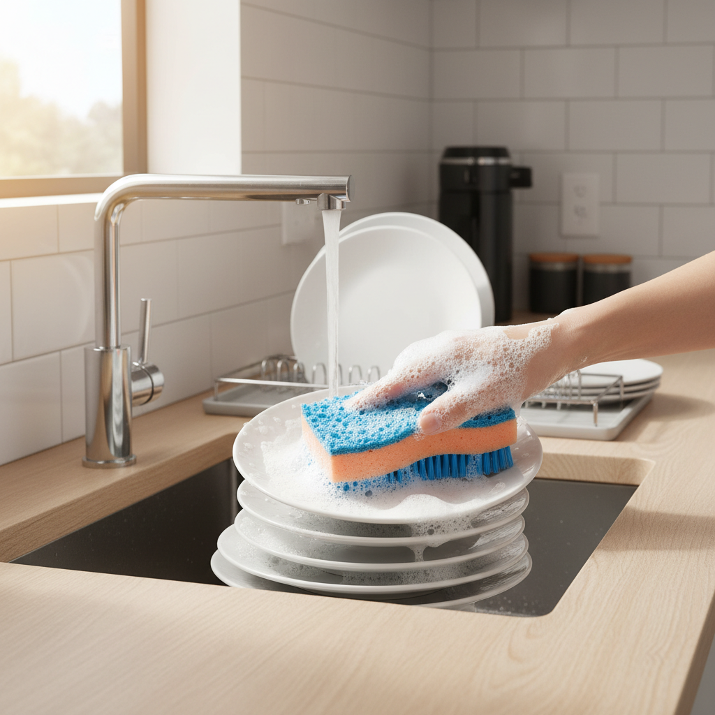 Super absorbent dish sponge cleaning dishes in kitchen sink