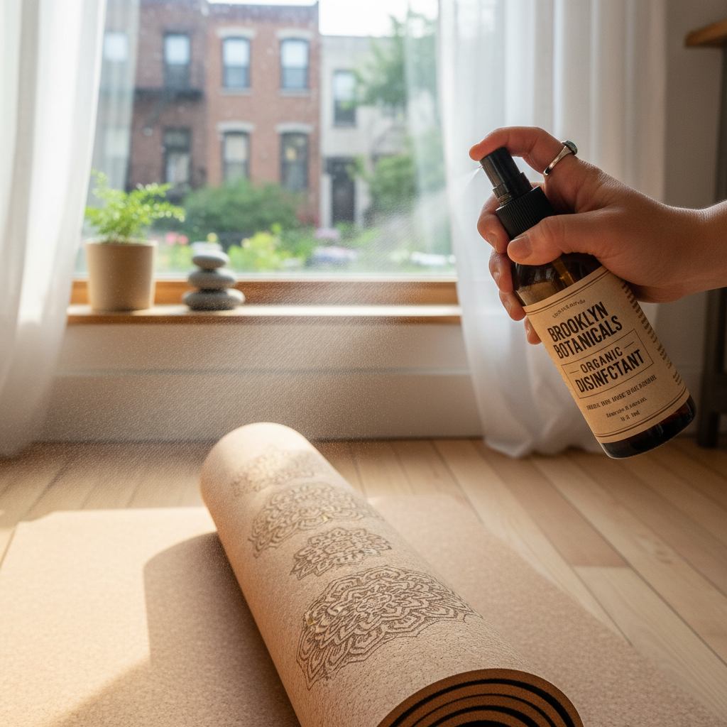 Using organic disinfectant spray on yoga mat