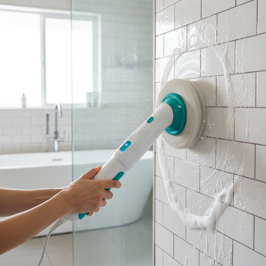 Electric spin scrubber cleaning bathroom tiles with powerful scrubbing action