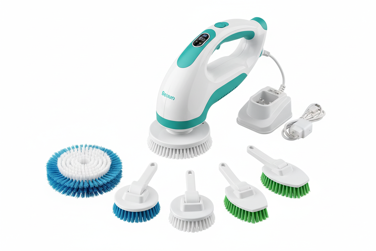Cordless electric spin scrubber with multiple brush head attachments
