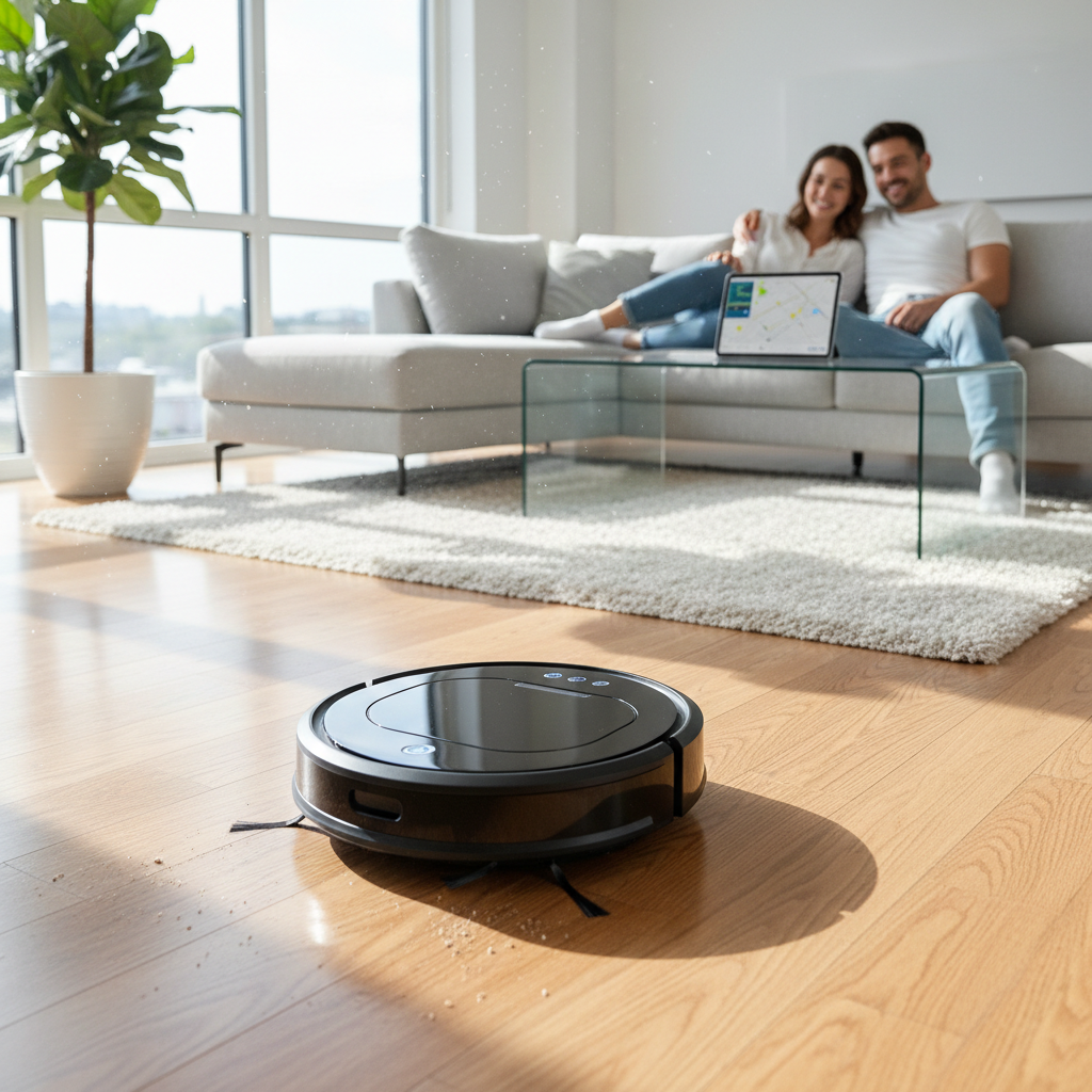 Automatic robot vacuum cleaner cleaning hardwood floor in modern home