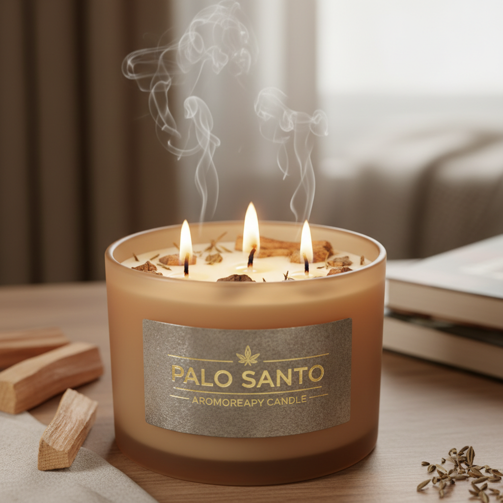Close-up of Palo Santo candle with wood chips in wax