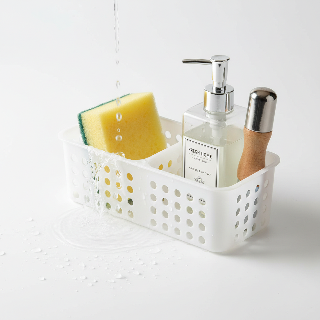 Close-up of sink organizer drainage design