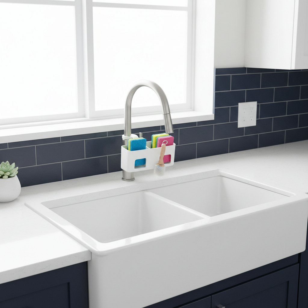 Kitchen sink with 2-compartment hanging organizer