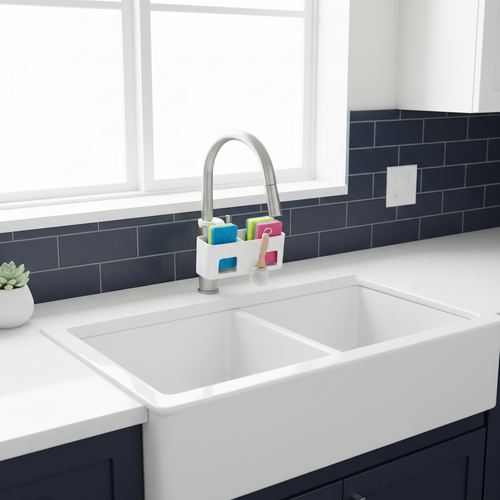 Kitchen sink with 2-compartment hanging organizer